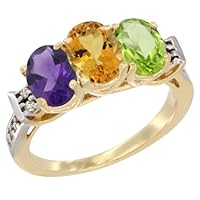 14K Yellow Gold Natural Amethyst, Citrine & Peridot Ring 3-Stone 7x5 mm Oval Diamond Accent, sizes 5 - 10