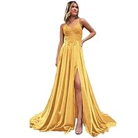 WPPUPP Women's Spaghetti Straps V Neck Lace Applique Satin Long Formal Dress High Split Pocket Drawstring Prom Evening Gowns