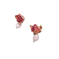 Chic Rose Flower Pearl Stud Earrings for Women Girls 925 Sterling Silver Pin Handmade Dried Natural Blossom Simulated Freshwater Pearls Irregular Charm Dangle Drop Studs Earring Fashion Hypoallergenic
