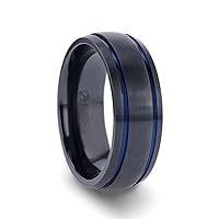 SHERIFF Domed Black Titanium Brushed Finish Men’s Wedding Ring with Blue Grooves – 8mm