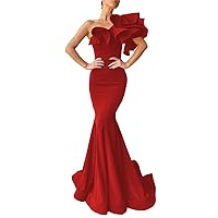 Women's One Shoulder Satin Prom Dresses Mermaid Long Evening Gown Ruffles Formal Party Dress
