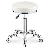 Heavy Duty Adjustable Height Work Shop Stool with Double Bearing Mute Wheels,Load-Bearing 440 Ib PU Leather Rolling Stool Swivel Salon Hairdressing Stool Brown (White)
