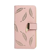 Women lady Long Leaf Bifold Wallet Leather Card Holder Purse Zipper Buckle Elegant Clutch Wallet Handbag (Pink)
