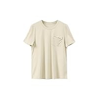 Women Solid Silk Cotton Blend T Shirt Summer Short Sleeve Round Collar Pocket Tee Tops