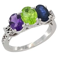 10K White Gold Natural Amethyst, Peridot & Blue Sapphire Ring 3-Stone Oval 7x5 mm Diamond Accent, sizes 5 - 10