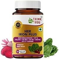 KC HER Iron Plus for Women (Plant Based, Chelated Iron 29mg, Folic Acid, VIT C, B12, B6, Biotin, VIT A, Copper, Spinach, Beetroot) 60 Tablets | Iron- Anemia- Energy