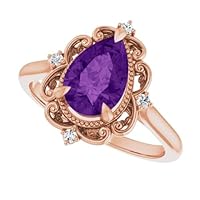 Vintage 1 CT Pear Shape Amethyst Ring 14k Rose Gold, Scroll Tear Drop Purple Amethyst Engagement Ring, Victorian Amethyst Diamond Ring Promise Ring