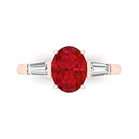 Clara Pucci 2.47ct Oval Baguette cut 3 stone Solitaire with Accent Simulated Red Ruby designer Modern Statement Ring Solid 14k Rose Gold