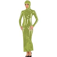 Womens Sexy Turtleneck Latex Maxi Party Dresses Long Sleeve Wet Look Latex Hooded Long Dress Novelty Zipper Front