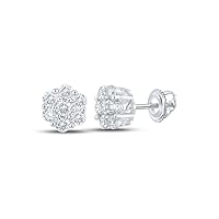 14kt White Gold Mens Round Diamond Flower Cluster Earrings 1/2 Cttw