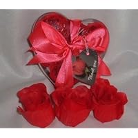 Scented Rose Shaped Soaps in Heart Box - Red with Satin Ribbon & Thank You Card - Wedding Favors