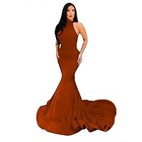 Women's High Neck Red Satin Evening Formal Gowns Mermaid Prom Dresses
