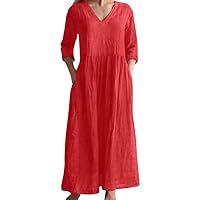 Akivide Women Cotton Linen Loose V Neck Midi Dress Summer Half Sleeve Dress with Pocket