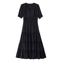 Women's Temperament V-Neck Dress, Bubble Sleeve Elastic Waist Skirt, Long Style Short Sleeve Elegant Clothing