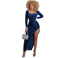 Sexy Long Sleeves Women's Square Neck Dress Slit Skirt S M L XL