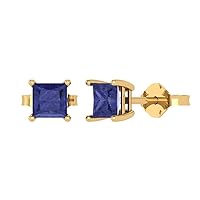 2.0 ct Princess Cut Solitaire Simulated Tanzanite Pair of Stud Everyday Earrings Solid 18K Yellow Gold Butterfly Push Back