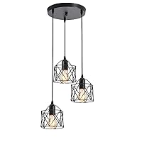 3-Head Wrought Iron Chandelier, Geometric Design Pendant Light Industrial Metal Rustic Black Cage Shade Droplight Vintage Classic Hanging Lamp Fixture for Kitchen Island Dining Table Bedroom