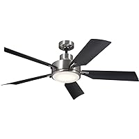 Kichler 56 Inch Guardian 5 Blade LED Indoor Ceiling Fan with Etched Cased Opal Glass in Brushed Stainless Steel with Black Blades and Black Accents