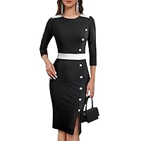 HAN HONG Women 3/4 Sleeve Round Neck Single-Breasted Patchwork Sheath Pencil Dress