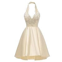 Women's Halter Short Satin Homecoming Dress with Pockets A Line Appliqued Beaded Prom Gowns