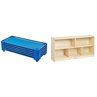 ECR4Kids Stackable Kiddie Cot, Standard Size, Classroom Furniture, Ready-to-Assemble, Blue, 6-Pack & 5-Compartment Mobile Storage Cabinet, 24in, Classroom Furniture, Natural