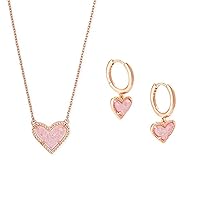Kendra Scott Ari Heart Pendant Necklace in Rose Gold and Ari Heart Huggie Earrings in Rose Gold Set for Women
