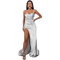 Mermaid Long Spaghetti Straps Prom Dresses Women Cowl Neck Corset Satin Formal Evening Gown with Slit EDE001