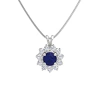 Beautiful Round Shape Created Blue Sapphire & Cubic Zirconia 925 Sterling Sliver Halo Cluster Pendant Necklace for Women's,Girls 14K White/Yellow/Rose Gold Plated