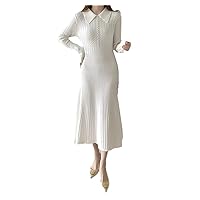 High Waist Dress Female Hedging Autumn Winter Korean Retro Polo Collar High Elastic White Knitted Dress