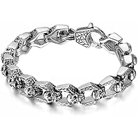 Gothic Men's Stainless Steel Skull Head Vintage Engraved Bracelet, Viking Biker Punk Rock Steampunk Charm Link Chain Bangle, Wristband Party Jewelry Birthday Gift