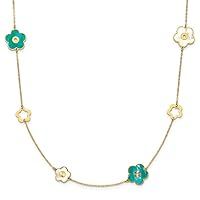 14k Gold Teal White Color Simulated Mother of Pearl Flower Necklace 30 Inch Measures 15.75mm Wide Jewelry Gifts for Women