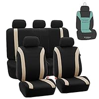FH Group Automotive Full Set Car Seat Covers Cosmopolitan Flat Cloth, (Airbag Compatible & Split Bench) with Gift- Universal Fit for Cars, Trucks, and SUVS (Beige)