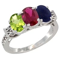 14K White Gold Natural Peridot, Enhanced Ruby & Natural Lapis Ring 3-Stone Oval 7x5 mm Diamond Accent, sizes 5 - 10