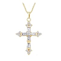Baguette & Round Cut Diamond Cross Pendant Necklace 925 Sterling Silver 14K Yellow Gold Plated with 18