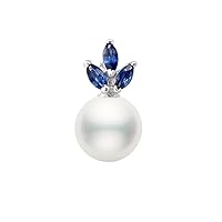14k Gold AAAA Quality Japanese White Akoya Cultured Pearl Blue Sapphire Pendant