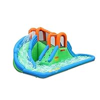 Bounceland Island Water Park Water Slide, 22 ft x 13.8 ft x 8.5 ft, UL Blower Included, Dual Fun Slides, Basketball Hoop, Safe Climbing Wall, Splash Pool, Netted for Safety, Outdoor Fun for Kids