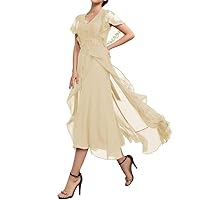 Mother of The Bride Dresses Sequins V Neck Short Sleeve Evening Gown High Low A Line Chiffon Wedding Guest Dresses for Women