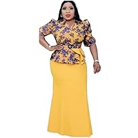 New Women's African Large Mom's Christmas Print Fishtail Dress with 3/4 Sleeves and Floor Length Skirt