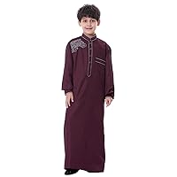 IMEKIS Boy's Arab Muslim Thobe Dubai Outfit Long Sleeves Stand Collar Buttons Embroidered Arabic Kaftan Robe