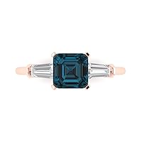 1.62ct Square Emerald cut 3 stone Solitaire Natural London Blue Engagement Promise Anniversary Bridal Ring 14k Rose Gold