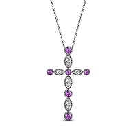 Petite Amethyst Natural Diamond 1/6 ctw Marquise & Dot Women Cross Pendant Necklace. Included 18 Inches Chain 14K Gold