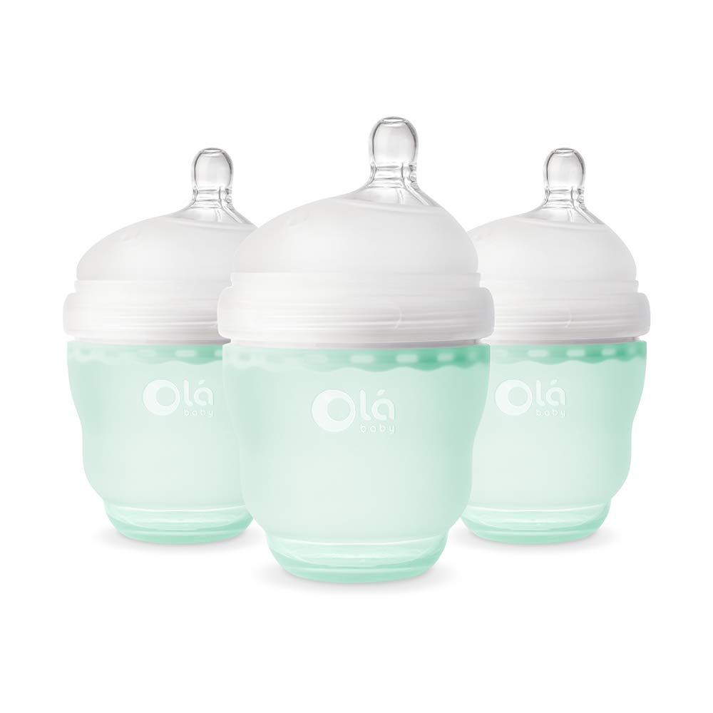Olababy Gentle Silicone Baby Bottle, Anti-Colic, BPA Free, Easy to Clean and Wide Neck Baby Bottles Best for Breast Feeding Babies 3 Piece Set (4 Ounce, Mint)