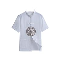 Linen Short Sleeve Dragon Phoenix Embroidery Chinese Traditional Tai Chi Clothing Kung Fu Shirt for Men Women