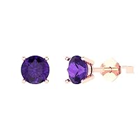 1.50 ct Round Cut Solitaire VVS1 Natural Purple Amethyst Pair of Stud Earrings 18K Pink Rose Gold Butterfly Push Back