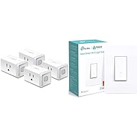 Plug by TP-Link, Smart Home WiFi Outlet,12 Amp, UL Certified, 4-Pack & Light Switch by TP-Link, Single Pole, Needs Neutral Wire, 2.4Ghz WiFi Light Switch, UL Certified, 1-Pack, White