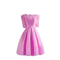 Women's Half Sleeve Satin A Line Homecoming Dress Lace Appliqued Short Cocktail Dresses Pink
