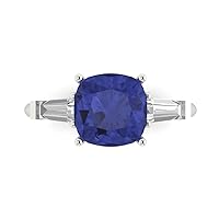 Clara Pucci 3.55 ct Cushion Baguette cut 3 stone Solitaire accent Stunning Simulated Blue Tanzanite Modern Promise Statement Ring 14k White Gold