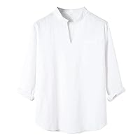 Men's Baggy Cotton Linen Solid Three Quarter Sleeve Pocket Stand Collar Shirts Short Sleeve Blouse Men