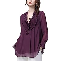 Womens Long Sleeve Mid-Length Purple Chiffon Blouse Loose Casual V-Neck Top Ruffle Trim Flowing Bottoming Shirts