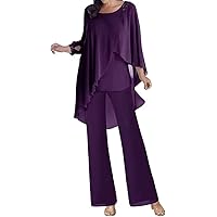 3 Pieces Chiffon Mother of The Bride Dresses Pant Suits with 3/4 Sleeves for Wedding Party Dark Purple